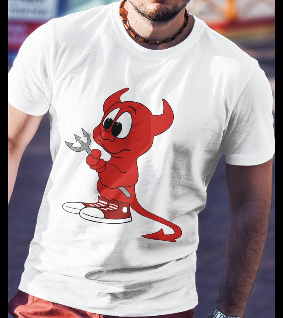 Devil In Sneakers Holding Pitch Fork Cartoon T-Shirt