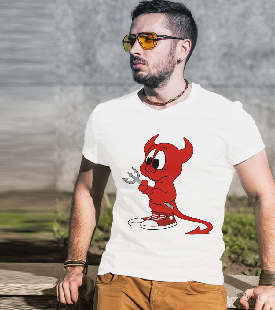 Devil In Sneakers Holding Pitch Fork Cartoon T-Shirt