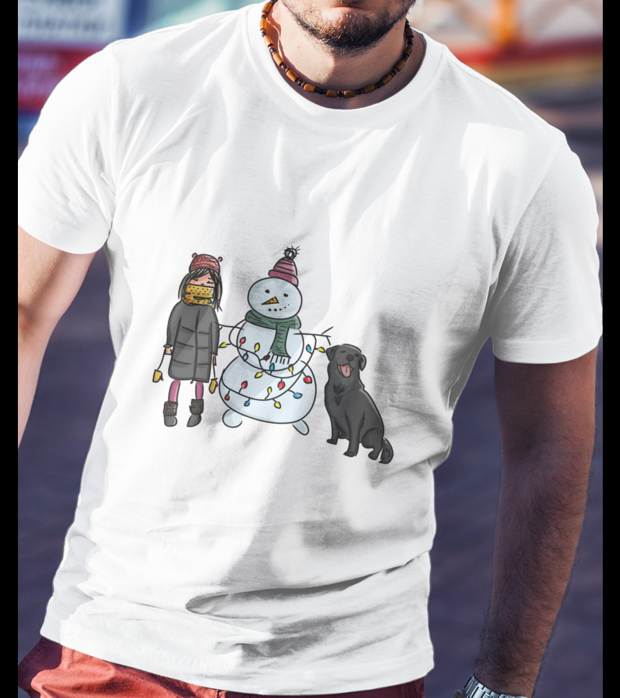 Girl With Yellow Scarf, Dog, And Snowman With Christmas Lights T-Shirt