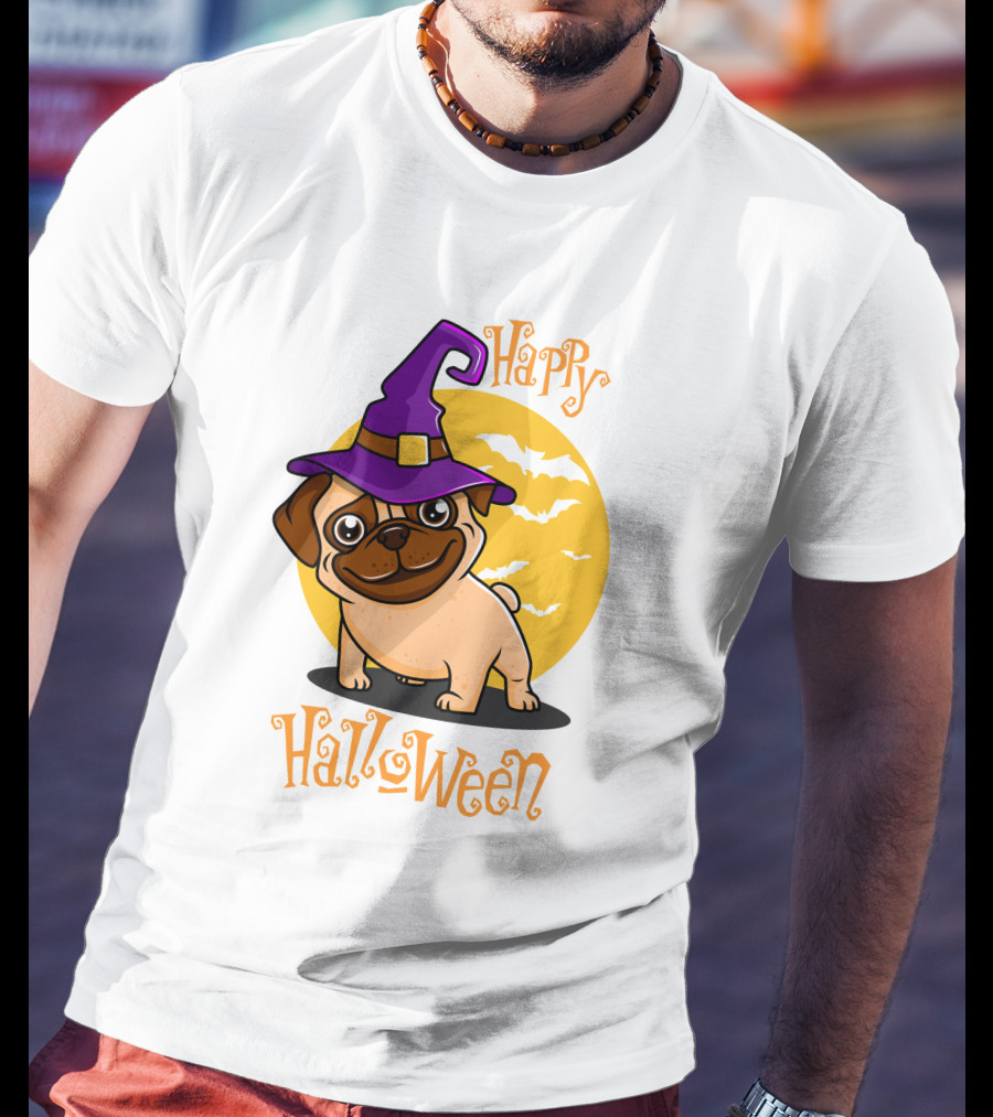 Happy Halloween Dog Witch Hat Full Moon Bats T-Shirt