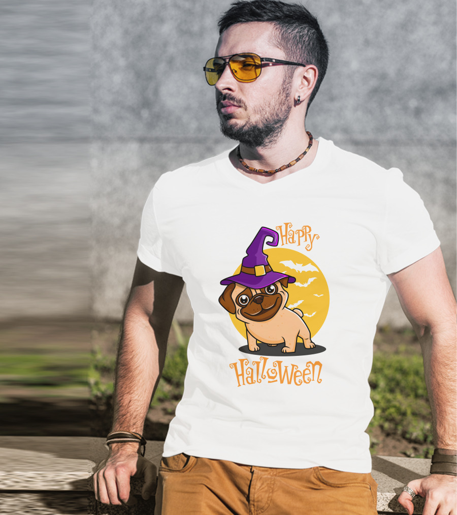 Happy Halloween Dog Witch Hat Full Moon Bats T-Shirt