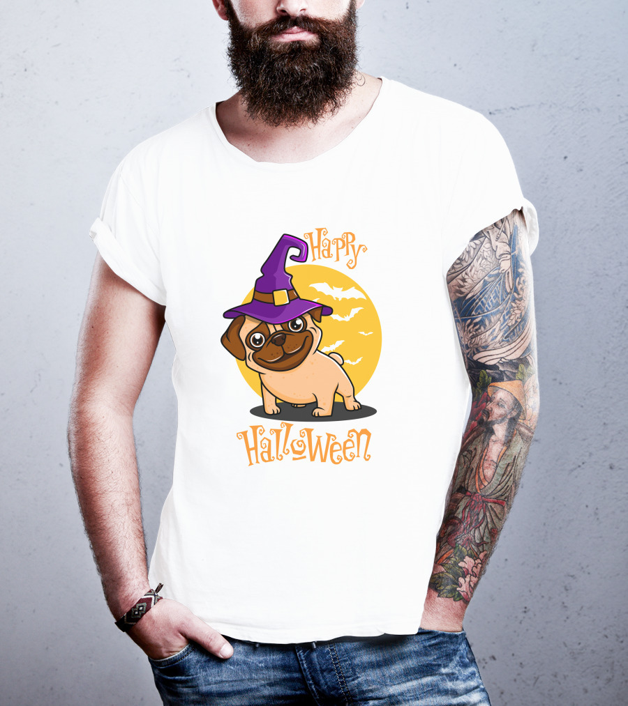 Happy Halloween Dog Witch Hat Full Moon Bats T-Shirt