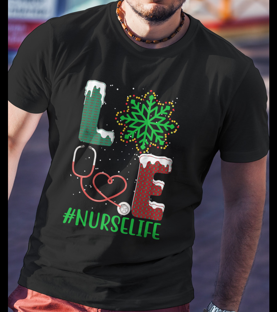 Love Christmas Snowflake Stethoscope #NURSELIFE T-Shirt