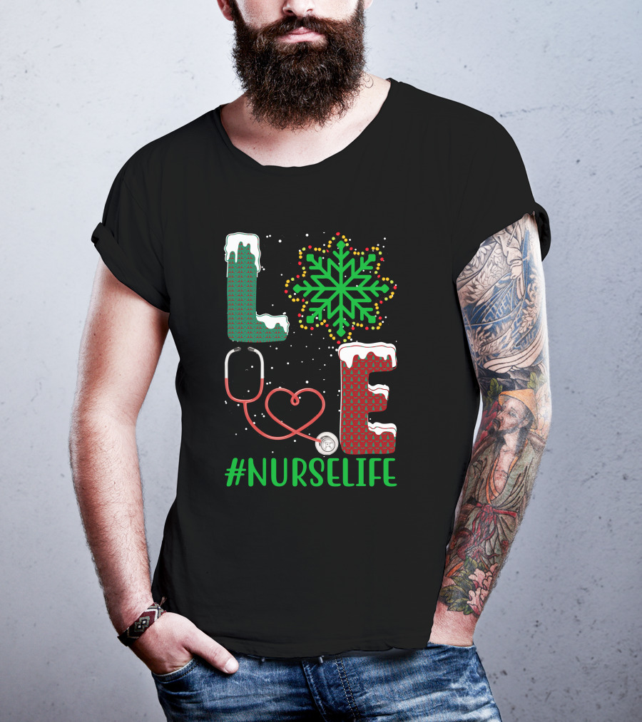 Love Christmas Snowflake Stethoscope #NURSELIFE T-Shirt