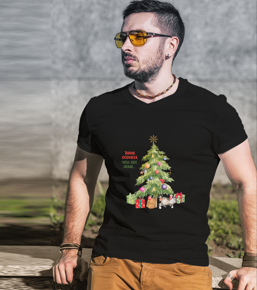 Christmas Tree Thank Godness You Are Home With Gifts And Cat T-Shirt