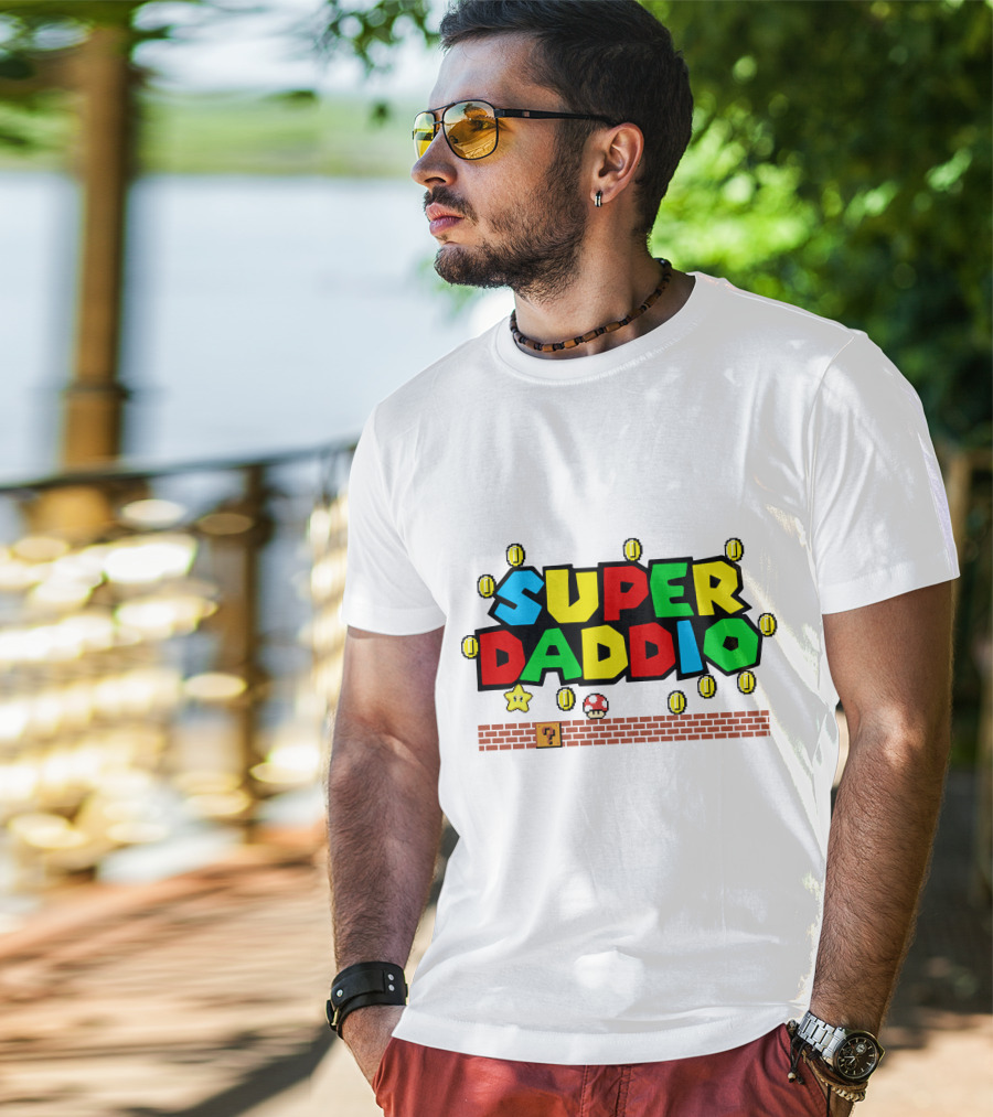 Fathers Day Super Daddio Nintendo Mario Parody Coins Bricks Star T-Shirt