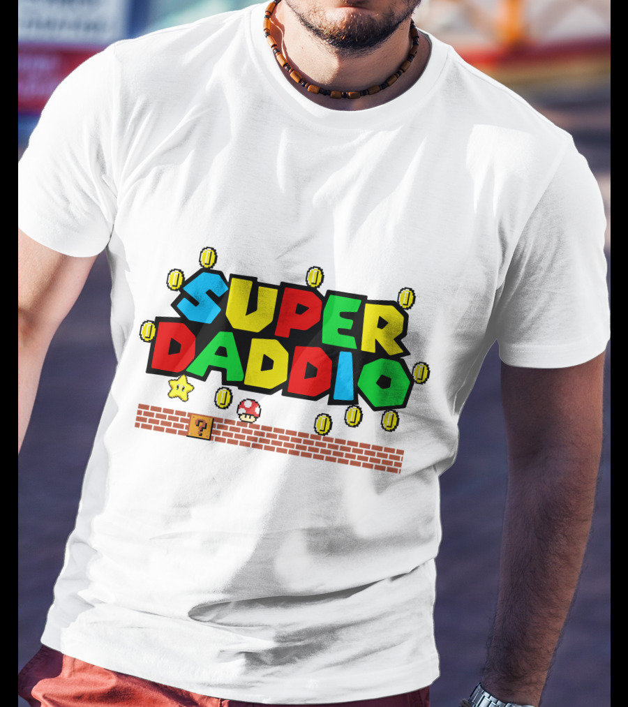 Fathers Day Super Daddio Nintendo Mario Parody Coins Bricks Star T-Shirt