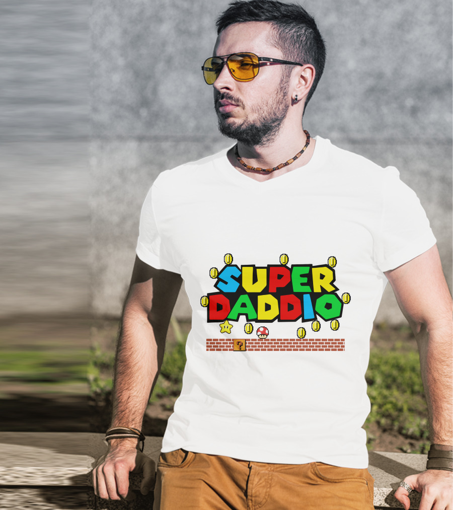 Fathers Day Super Daddio Nintendo Mario Parody Coins Bricks Star T-Shirt