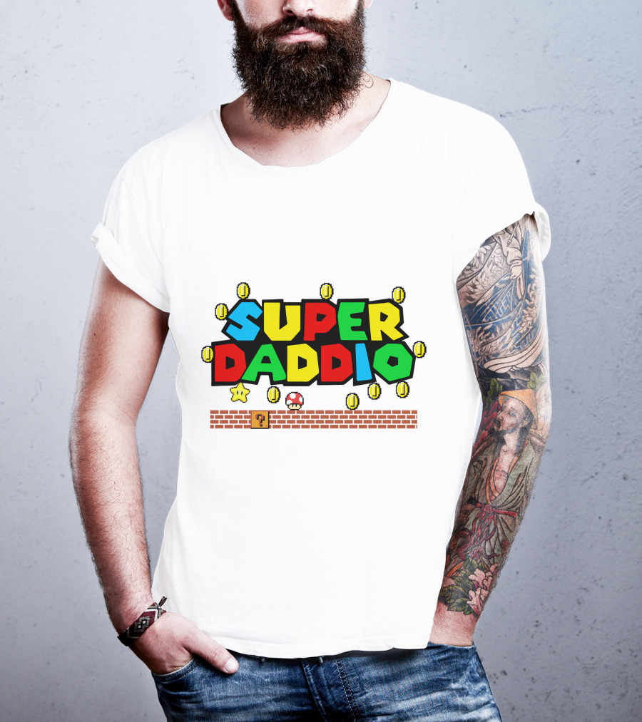 Fathers Day Super Daddio Nintendo Mario Parody Coins Bricks Star T-Shirt