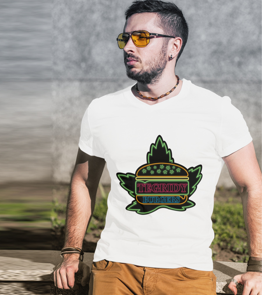 Tegridy Burgers Neon Sign With Leaf And Burger Outline T-Shirt