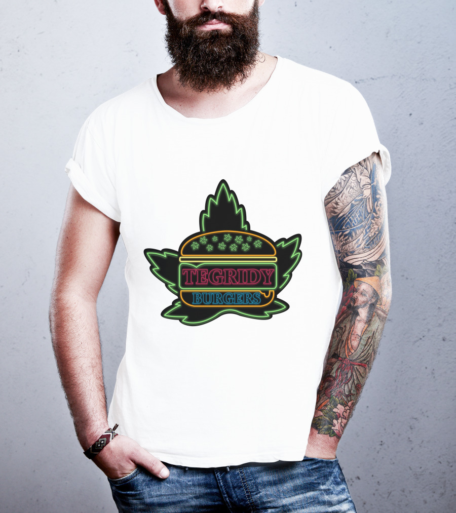 Tegridy Burgers Neon Sign With Leaf And Burger Outline T-Shirt