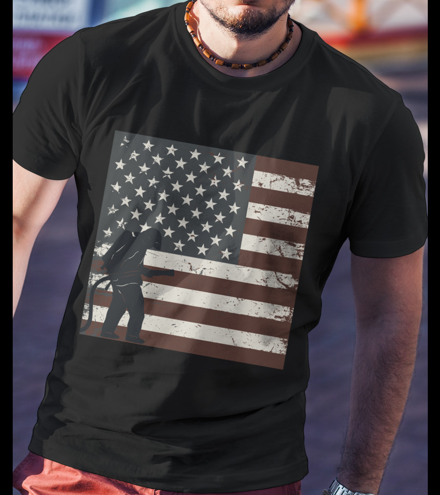 Fireman Silhouette Distressed American Flag T-Shirt