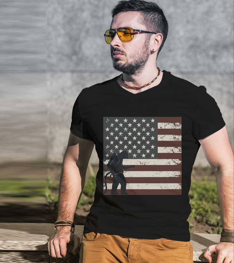 Fireman Silhouette Distressed American Flag T-Shirt