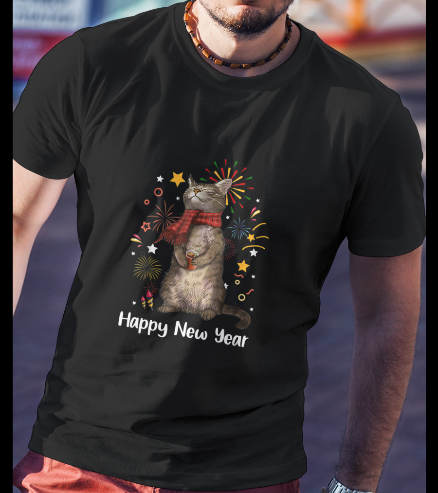Happy New Year Cat With Fireworks And Stars T-Shirt