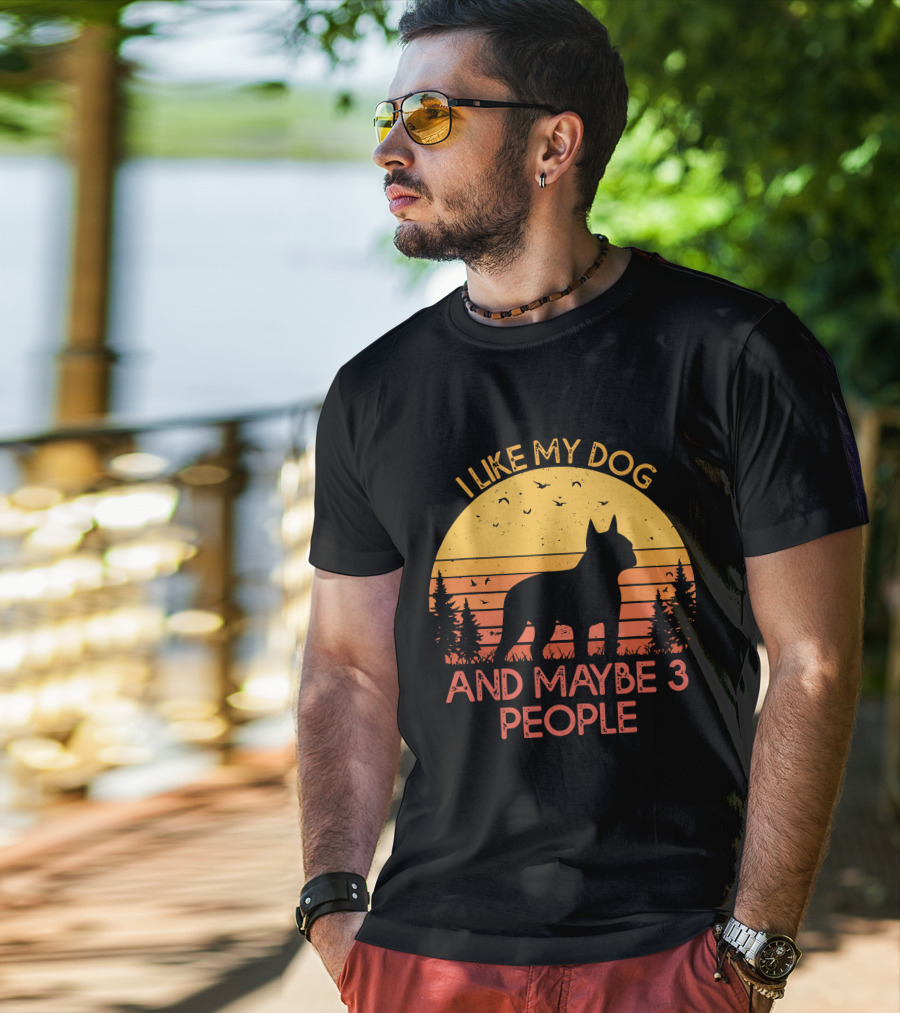I Like My Dog And Maybe 3 People Sunset Silhouette With Trees And Birds T-Shirt