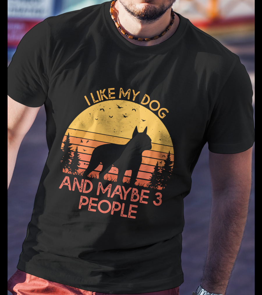I Like My Dog And Maybe 3 People Sunset Silhouette With Trees And Birds T-Shirt