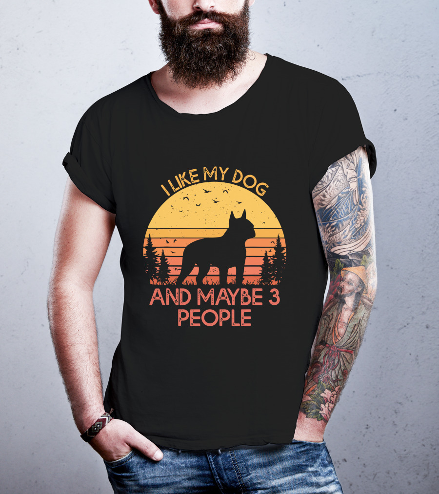 I Like My Dog And Maybe 3 People Sunset Silhouette With Trees And Birds T-Shirt
