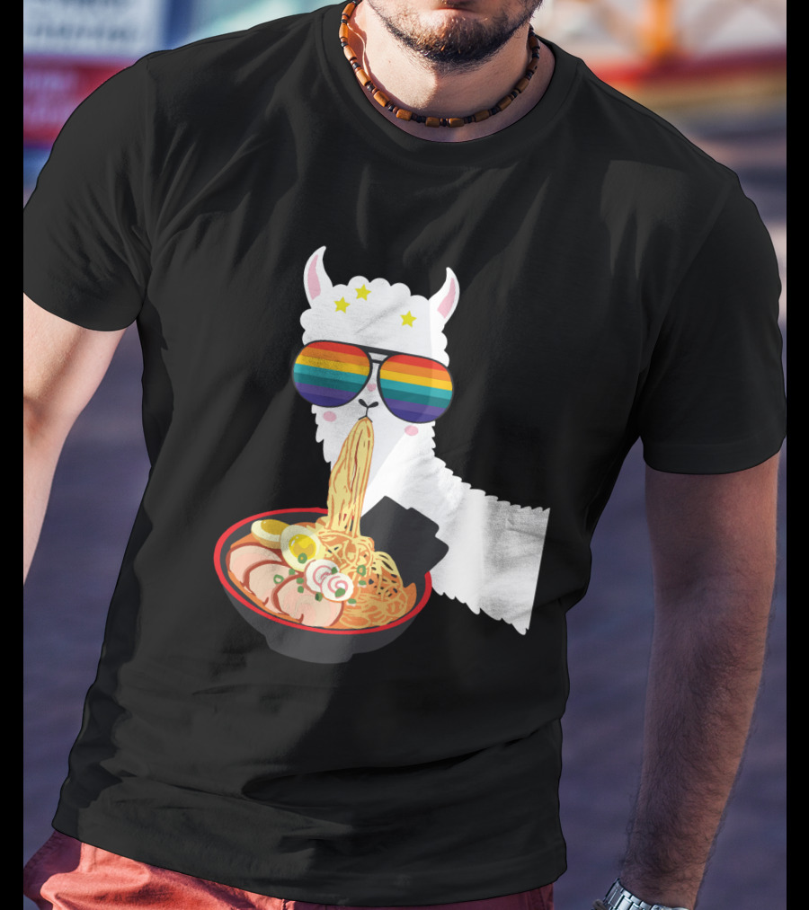 Rainbow Sunglasses LLama Eating Ramen Japanese Anime T-Shirt