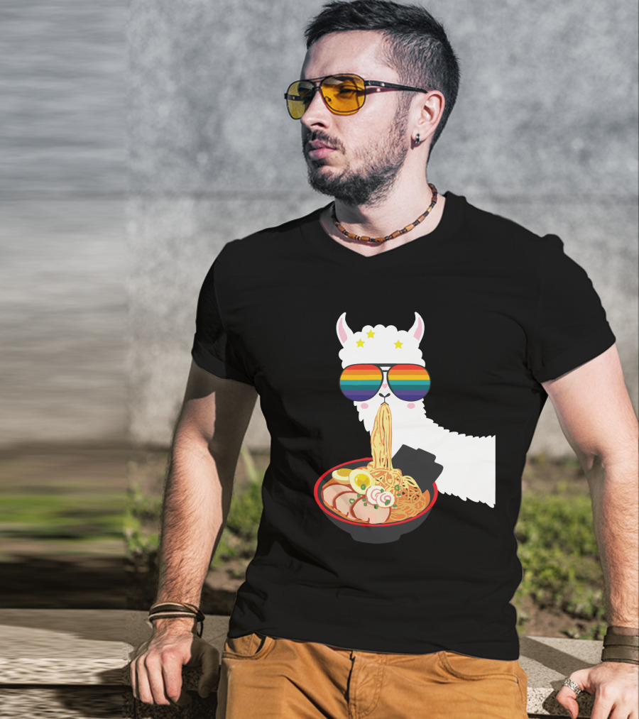 Rainbow Sunglasses LLama Eating Ramen Japanese Anime T-Shirt