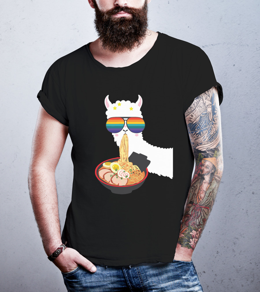 Rainbow Sunglasses LLama Eating Ramen Japanese Anime T-Shirt