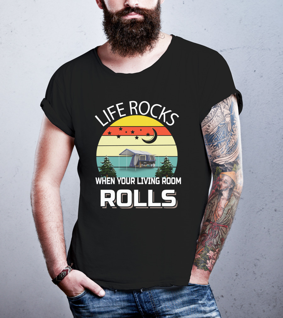 LIFE ROCKS WHEN YOUR LIVING ROOM ROLLS Camping Tent Trees Vintage Retro Moon Stars T-Shirt