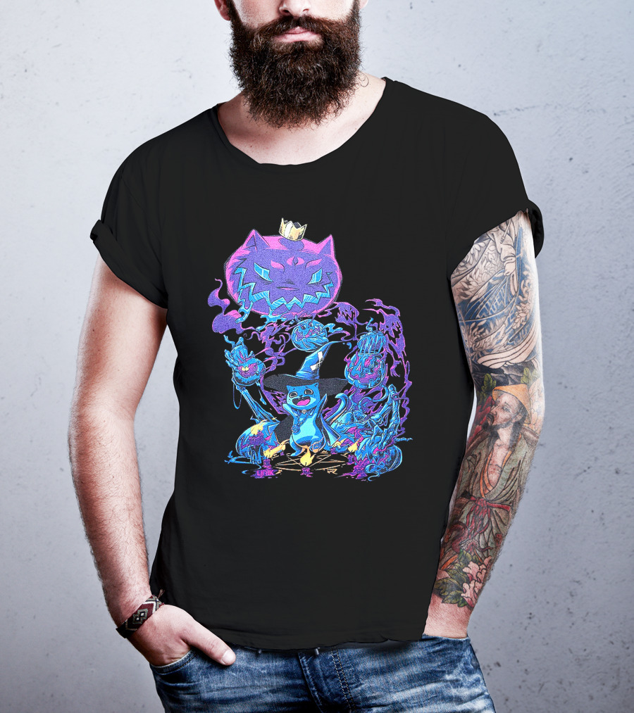 LIRIK HALLOWEEN Cat Wizard With Crown And Glowing Pumpkins T-Shirt
