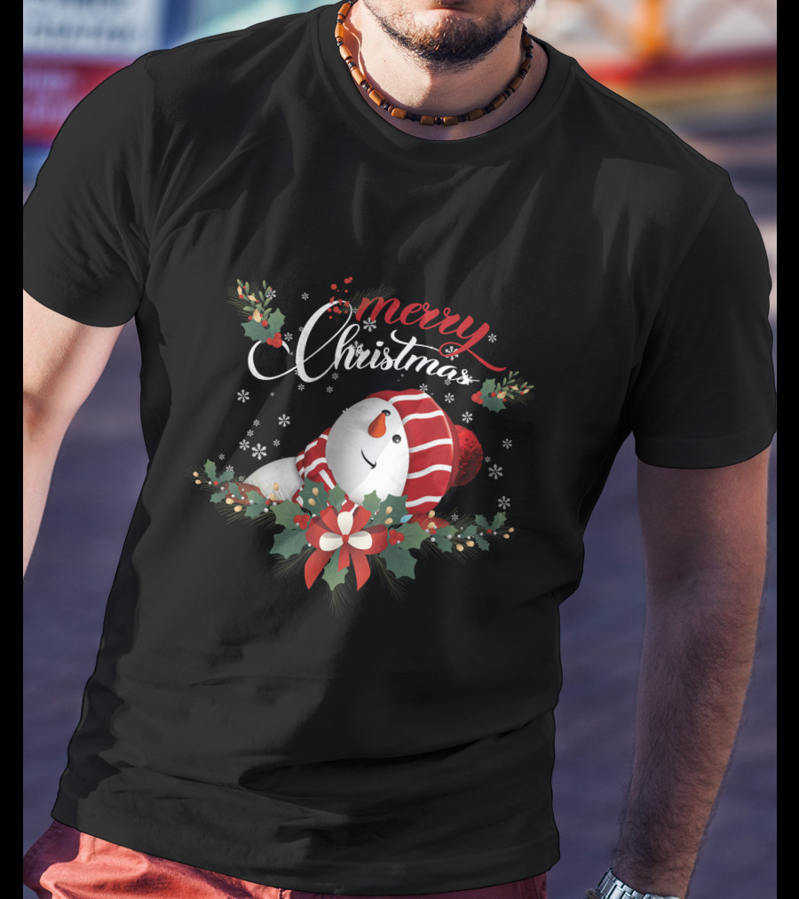Merry Christmas Snowman With Holly And Snowflakes T-Shirt