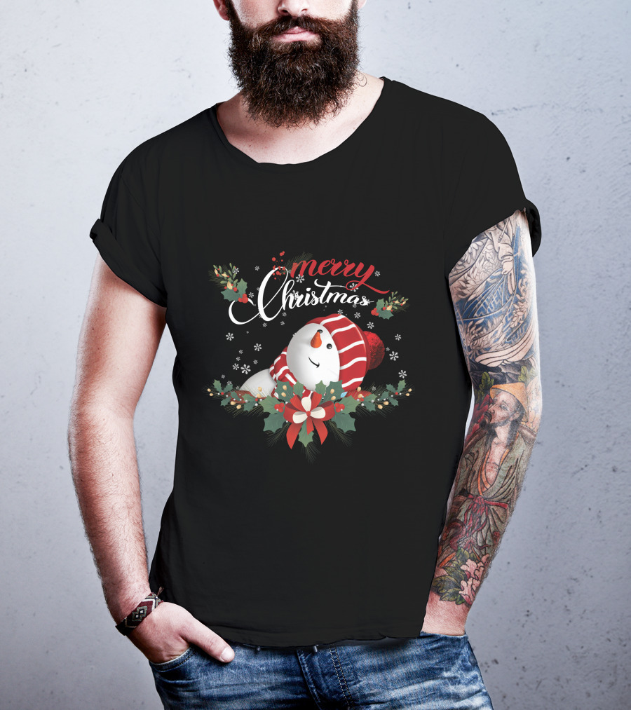 Merry Christmas Snowman With Holly And Snowflakes T-Shirt