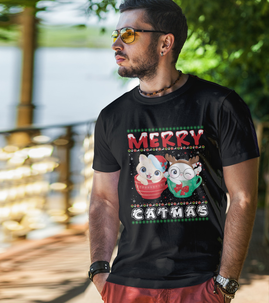 Merry Catmas With Festive Cats In Holiday Mugs T-Shirt
