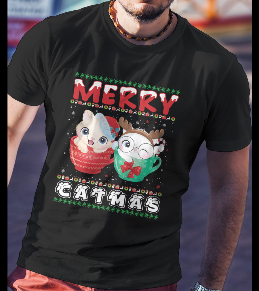 Merry Catmas With Festive Cats In Holiday Mugs T-Shirt