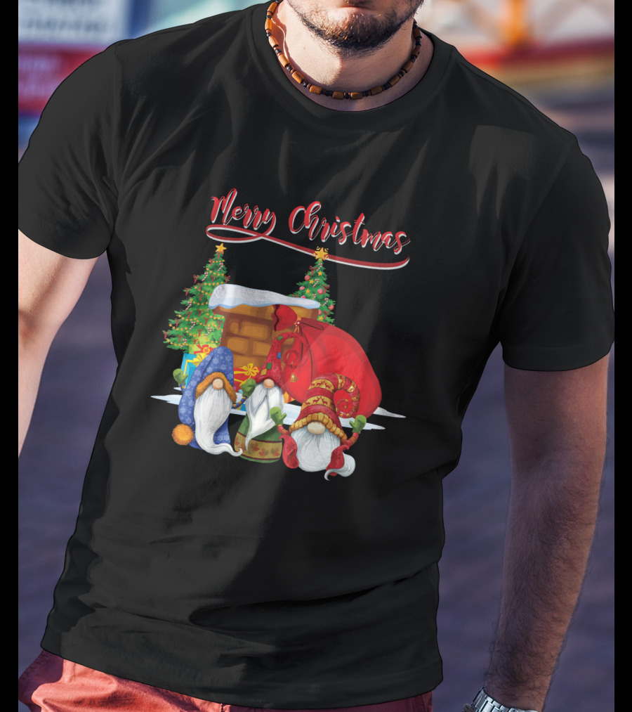 Merry Christmas Funny Gnomes With Santa's Sack And Festive Trees T-Shirt