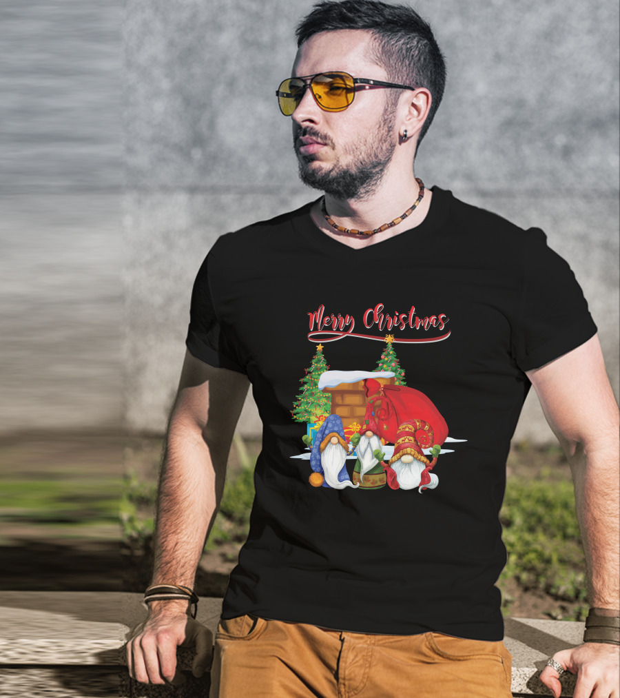 Merry Christmas Funny Gnomes With Santa's Sack And Festive Trees T-Shirt