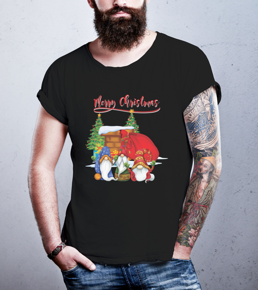 Merry Christmas Funny Gnomes With Santa's Sack And Festive Trees T-Shirt