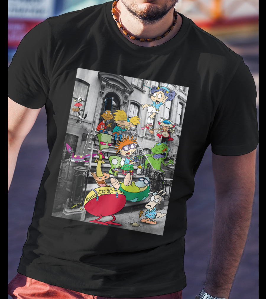 Classic Nicktoons Characters Sitting On Stoop Together In Black-and-White Background Scene T-Shirt