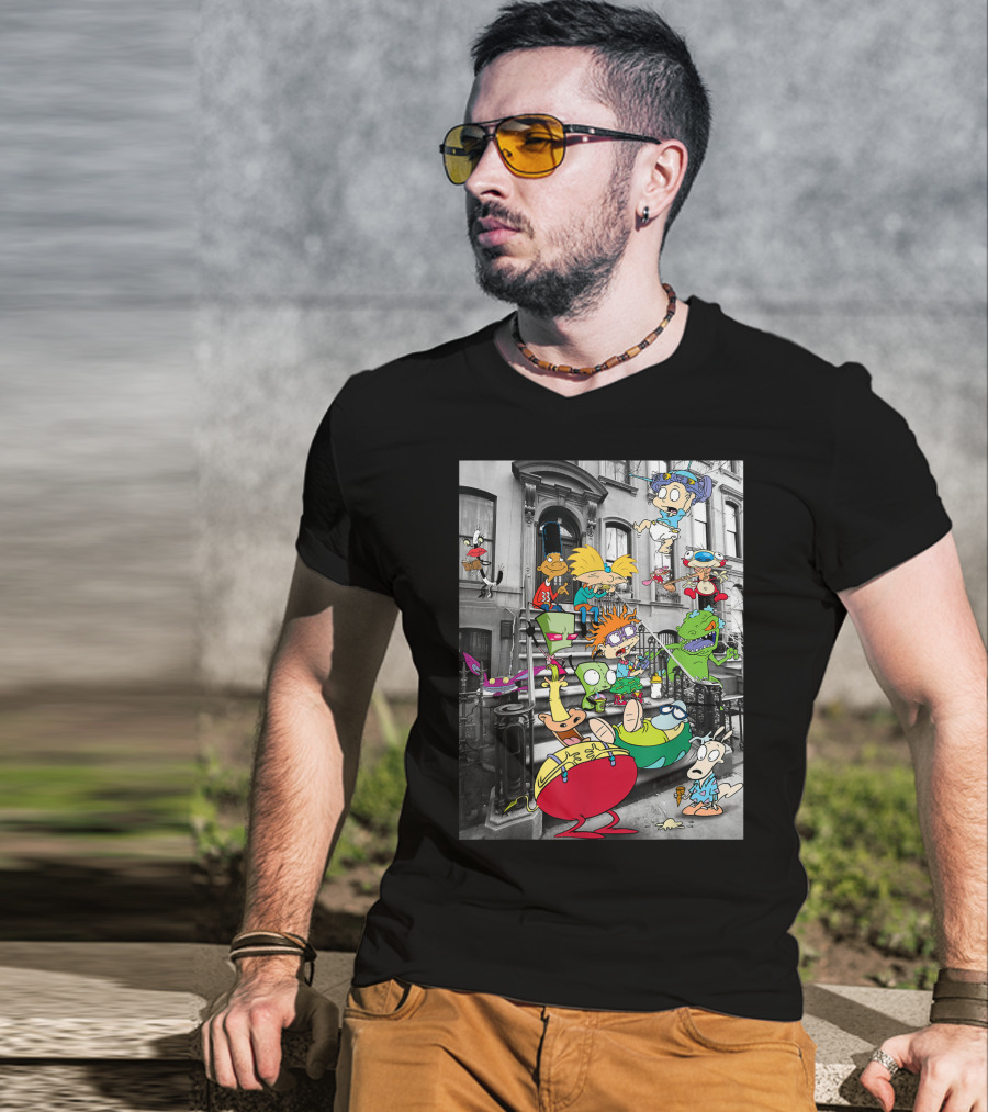 Classic Nicktoons Characters Sitting On Stoop Together In Black-and-White Background Scene T-Shirt