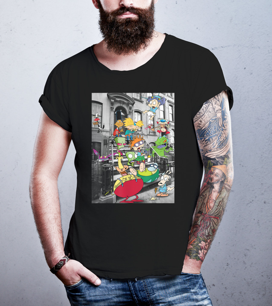Classic Nicktoons Characters Sitting On Stoop Together In Black-and-White Background Scene T-Shirt