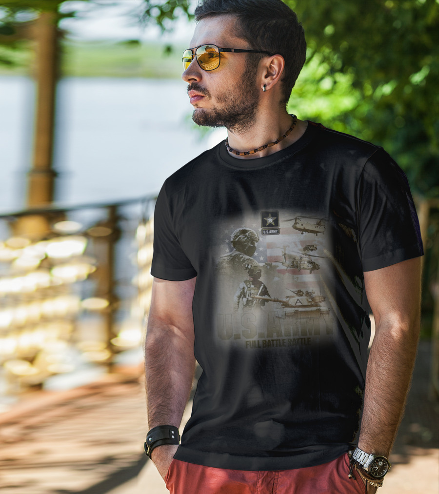 U.S. Army Full Battle Rattle Helicopters Tanks Flag T-Shirt