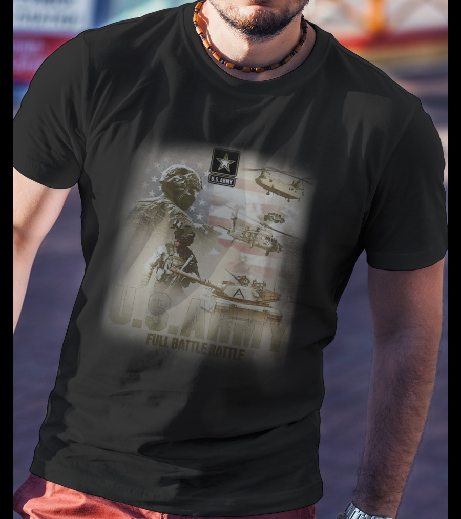 U.S. Army Full Battle Rattle Helicopters Tanks Flag T-Shirt