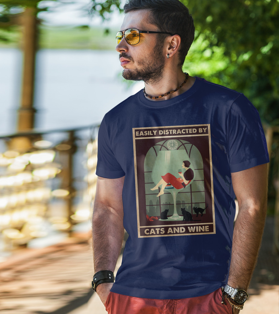 Easily Distracted By Cats And Wine Art Deco Woman In Glass With City Skyline And Cats T-Shirt