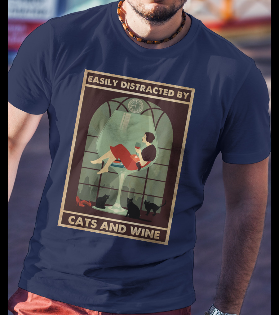 Easily Distracted By Cats And Wine Art Deco Woman In Glass With City Skyline And Cats T-Shirt