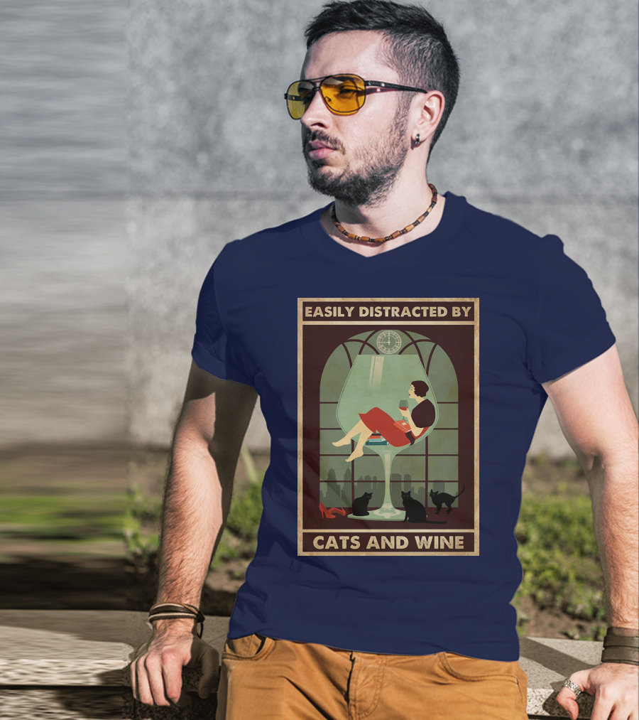 Easily Distracted By Cats And Wine Art Deco Woman In Glass With City Skyline And Cats T-Shirt