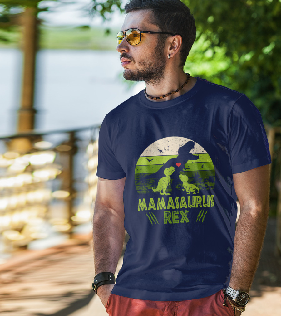 Kid Dinosaur Love For MamaSaurus Rex With Green Jungle Scene And Heart T-Shirt