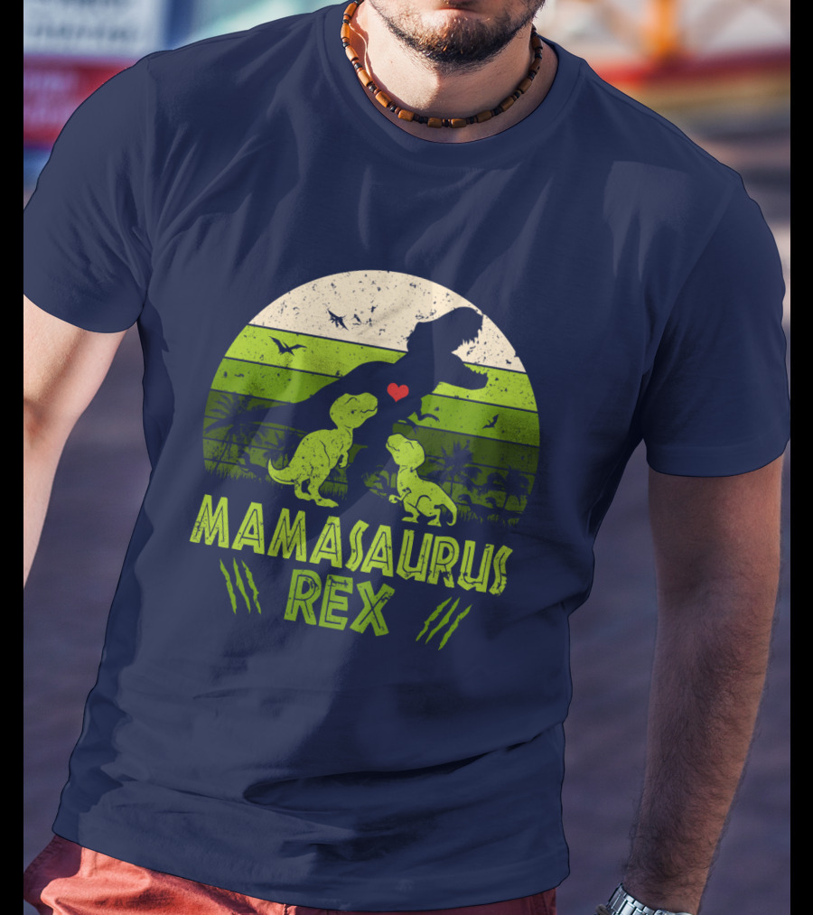 Kid Dinosaur Love For MamaSaurus Rex With Green Jungle Scene And Heart T-Shirt