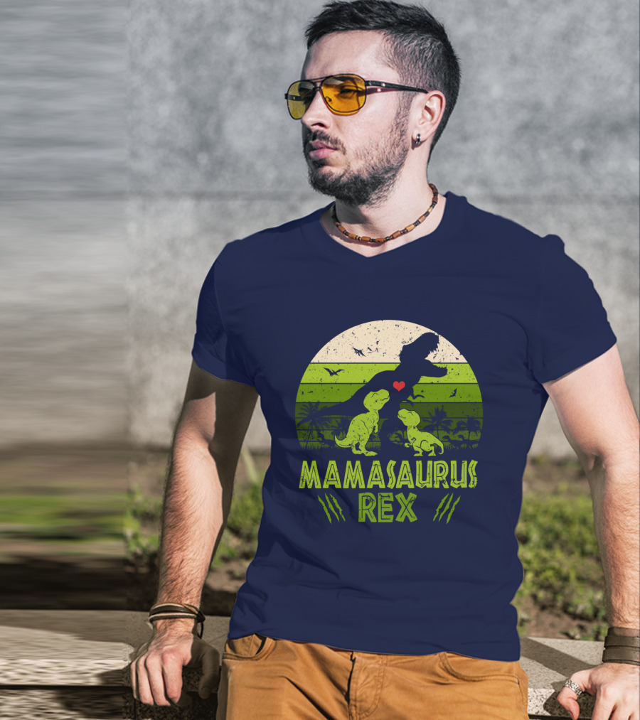 Kid Dinosaur Love For MamaSaurus Rex With Green Jungle Scene And Heart T-Shirt
