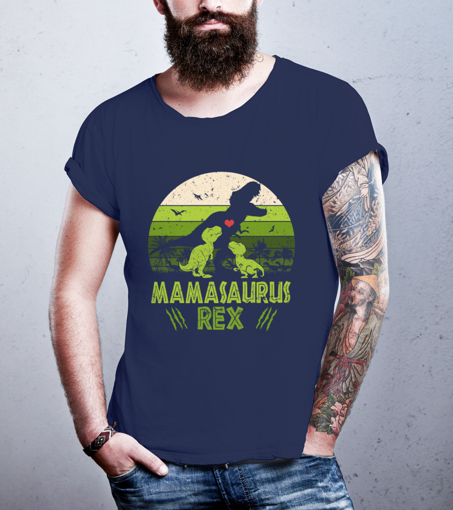 Kid Dinosaur Love For MamaSaurus Rex With Green Jungle Scene And Heart T-Shirt