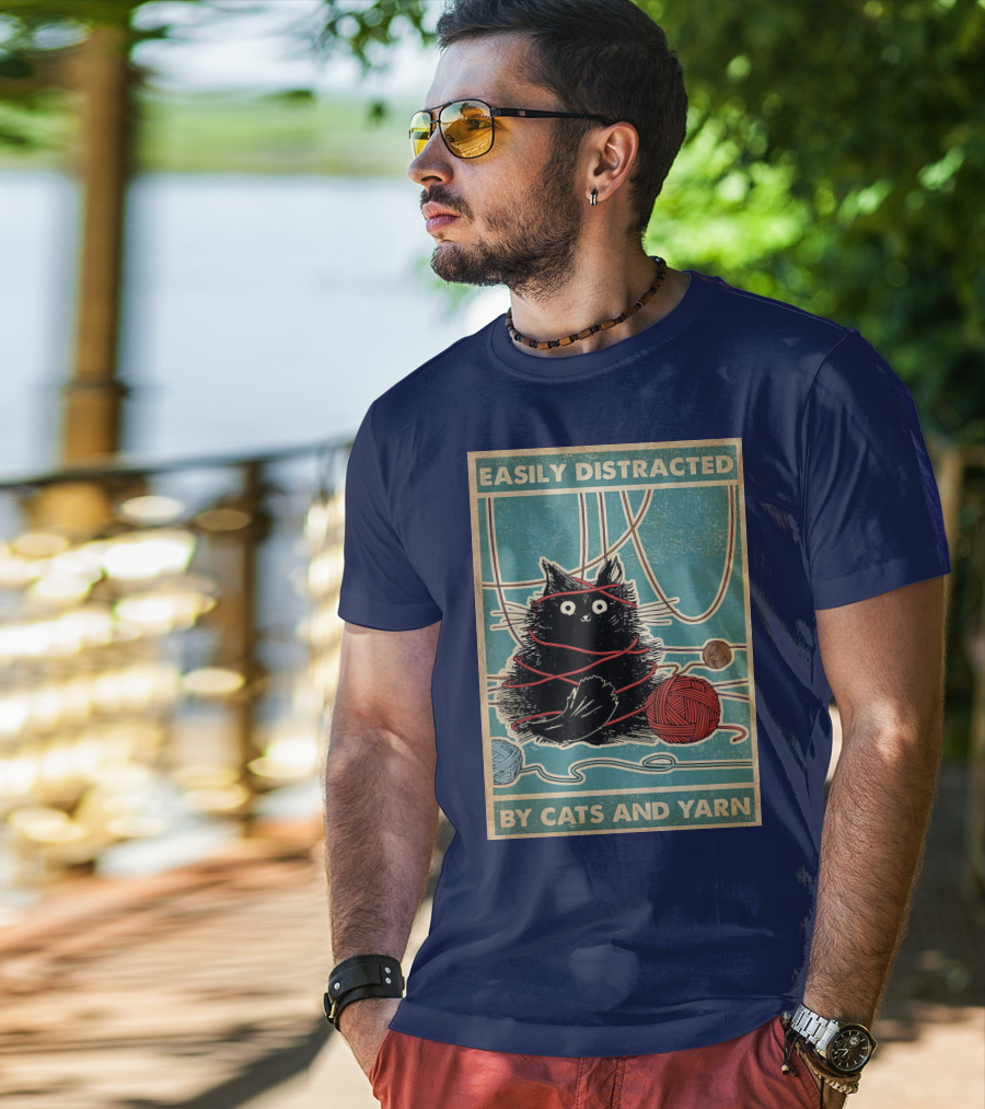 Easily Distracted Black Cat With Red Yarn And Balls Of Yarn T-Shirt