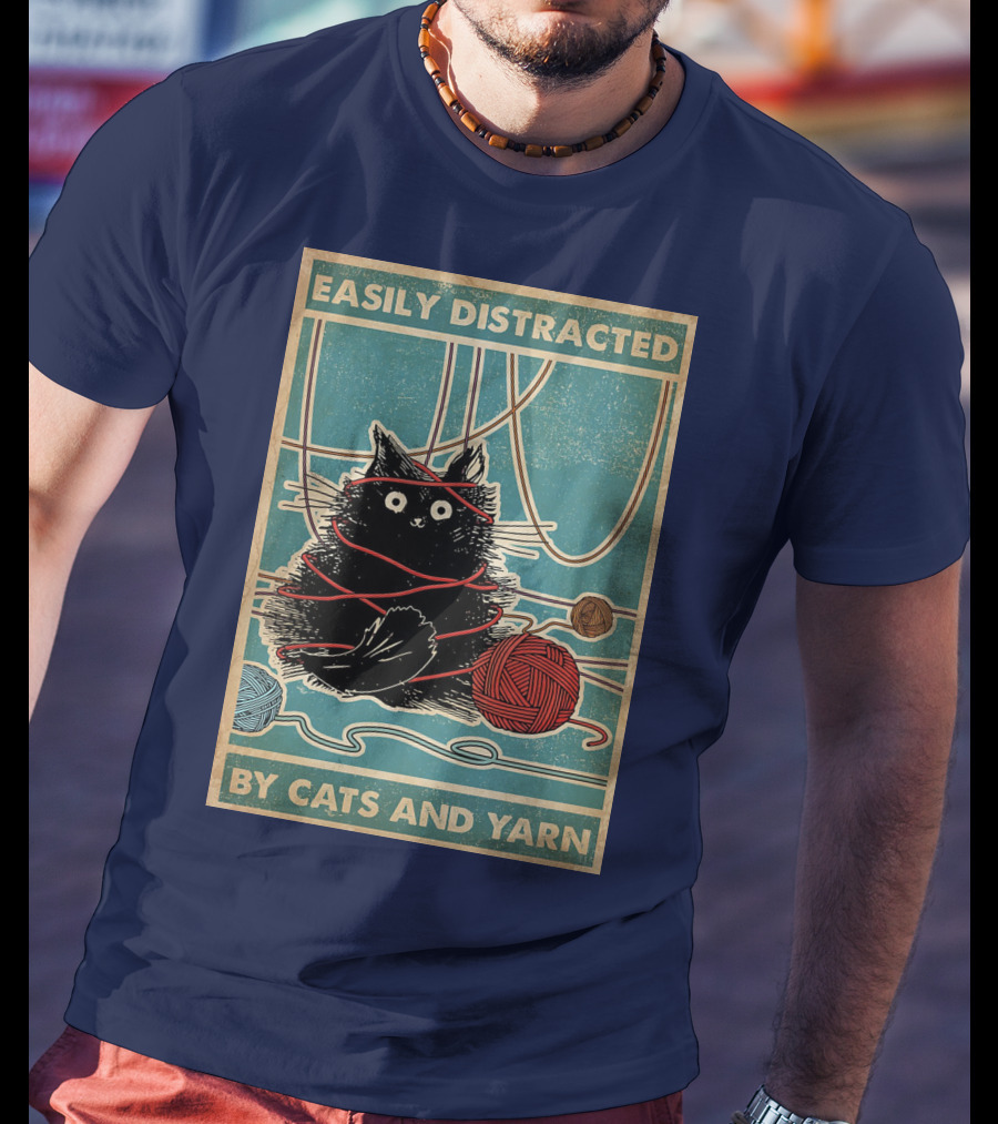 Easily Distracted Black Cat With Red Yarn And Balls Of Yarn T-Shirt