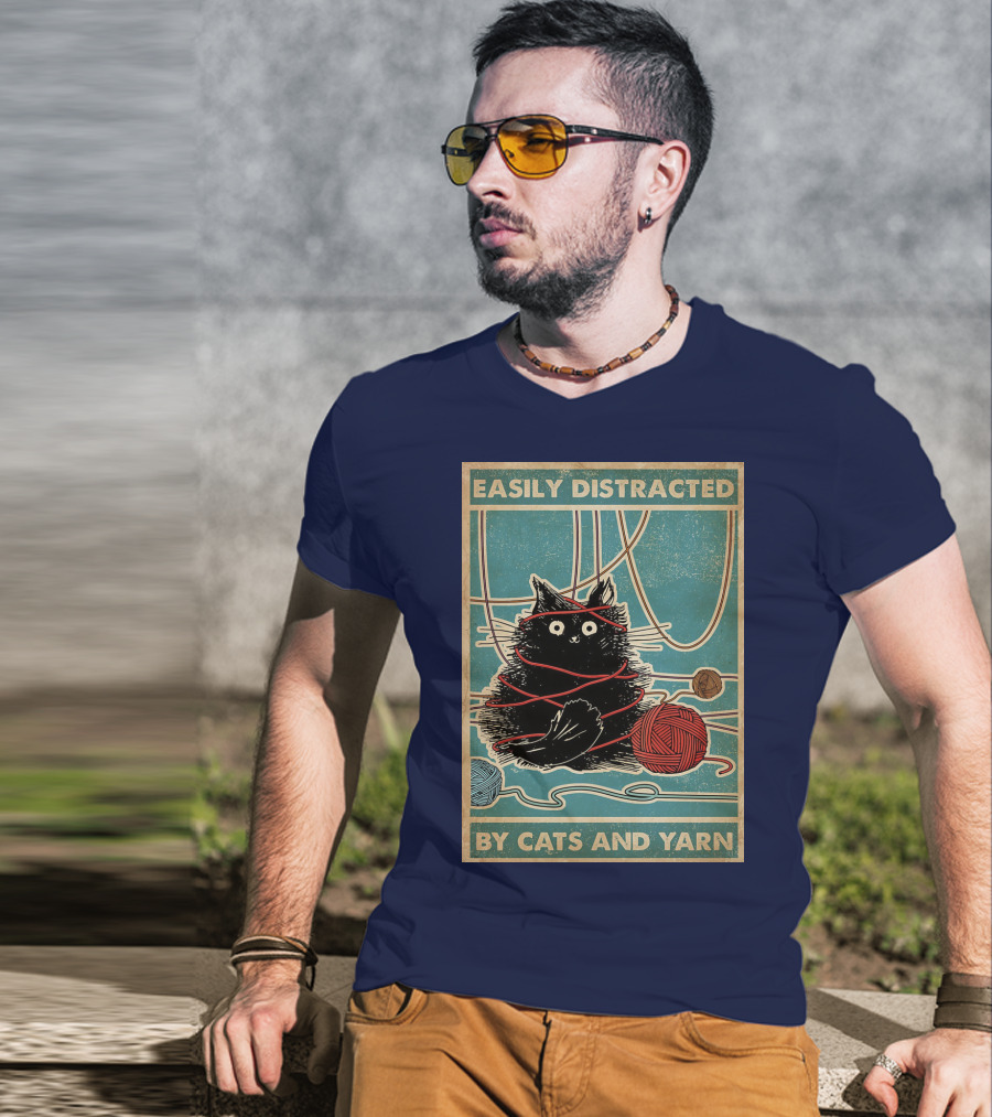 Easily Distracted Black Cat With Red Yarn And Balls Of Yarn T-Shirt