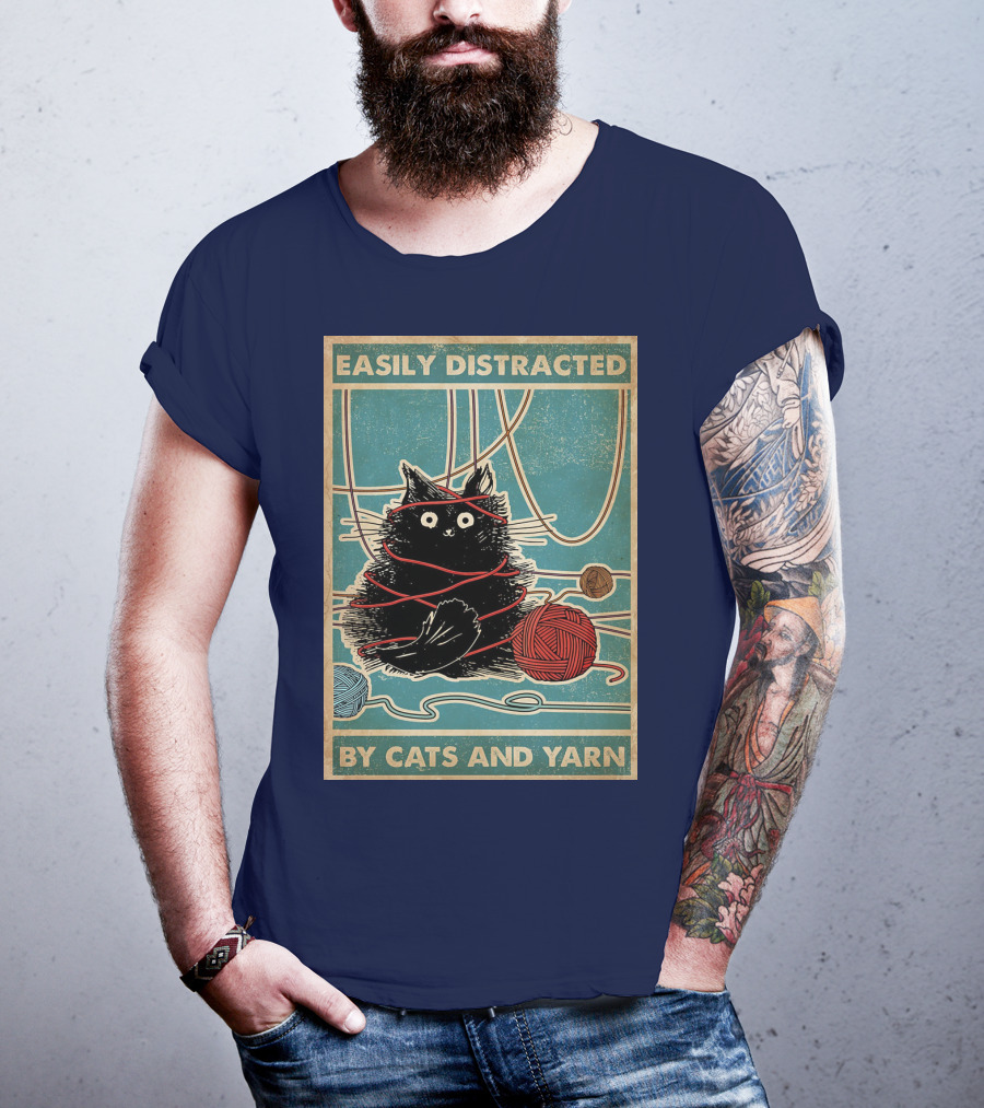 Easily Distracted Black Cat With Red Yarn And Balls Of Yarn T-Shirt