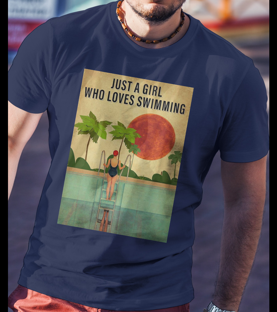 Just A Girl Who Loves Swimming With Palm Trees And Red Sun T-Shirt